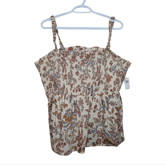 NWT White Tan Floral Sleeveless Smocked Babydoll Tank Top Women's XXL Cotton - Picture 2 of 10